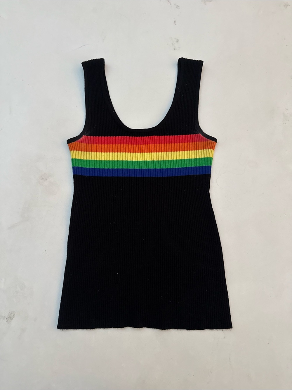 Fashion Vitamin: Black Rainbow Striped Ribbed Knit Wide Strap Tank Top, Size M